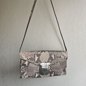 Micheal Micheal Knor Beige and Brown Snake Print Clutch NWT With Strap With Bah